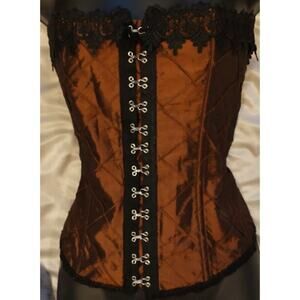 Sexy Lace Up Copper Brown Satin Black Lace Boning Corset Bustier Shirt Size 36